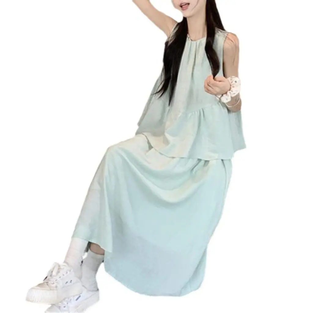 

Mint Mambo женский зеленый летний костюм жилет без рукавов топ с высокой талией юбка трапециевидной формы модный комплект из двух предметов милый стиль