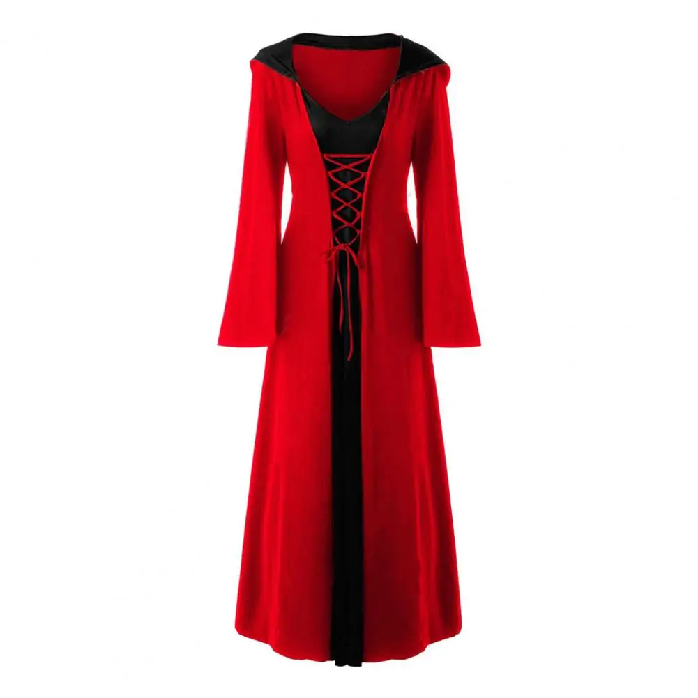 Cape Cape Donkere Stijl Halloween Heks Kostuum Met Capuchon En Lange Hoornmouwen Voor Dames Cosplay Jurk A-Lijn