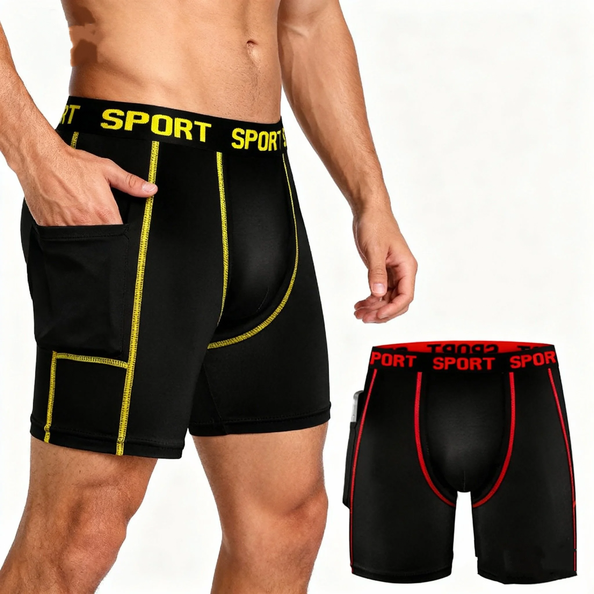 Ropa interior deportiva extendida para hombre, 2 uds., con diseño de bolsillo lateral, tamaño Extra grande, protección antirozaduras para piernas y entrepierna, calzoncillos tipo bóxer para piernas largas, fitness, correr, ciclismo