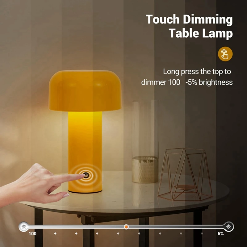 Cordless Mushroom Table Lamp,Rechargeable Operated LED Desk Lamp,3 Color Stepless Dimmable Night Light Bedside Lamp