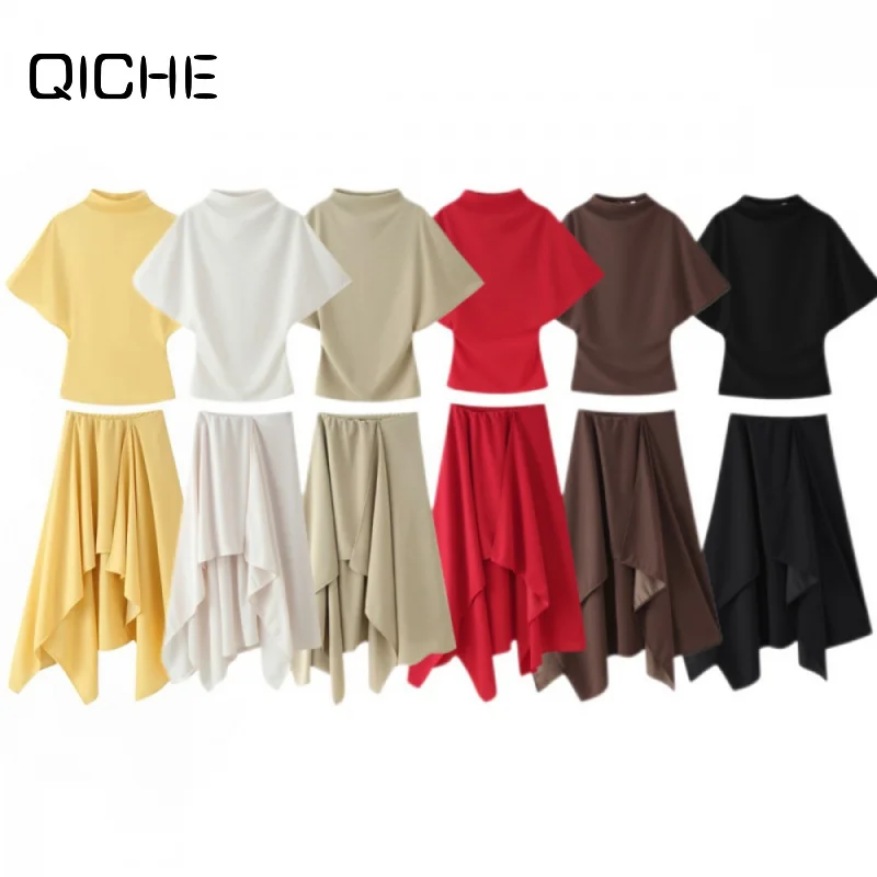 QICHE Women 2026 Summer Euro‑American Asymmetrical A‑Line Skirt Set Mock‑Neck Slim‑Fit Short‑Sleeve Top Elegant Casual Two‑Piece