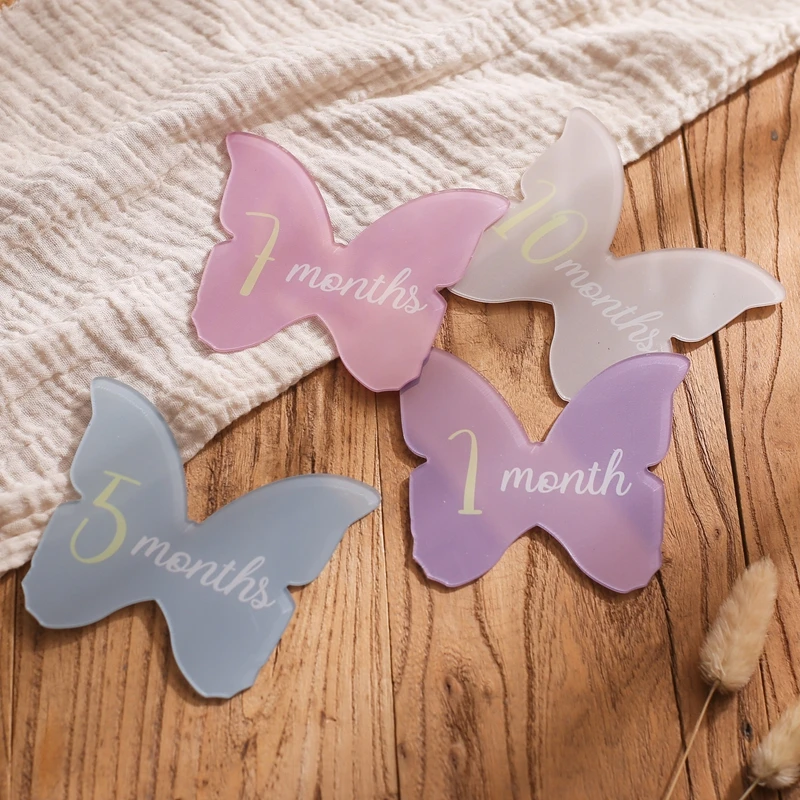 

14pcs Baby Acrylic Butterfly Milestone Cards Number Monthly Memorial Photography Accessories For 0-12 Months Newborn Birth Gift