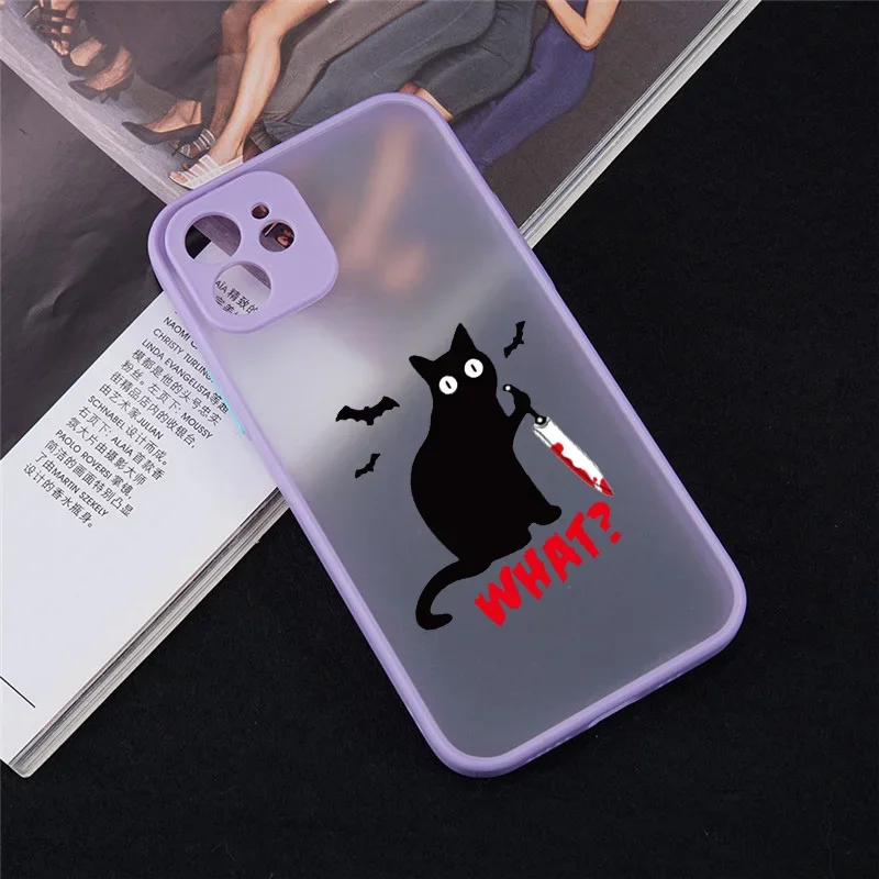 GYKZ divertido gato negro qué funda de teléfono para iPhone11 12 13 Pro MAX Mini X XS XR SE20 6 7 8Plus funda dura transparente de dibujos animados mate