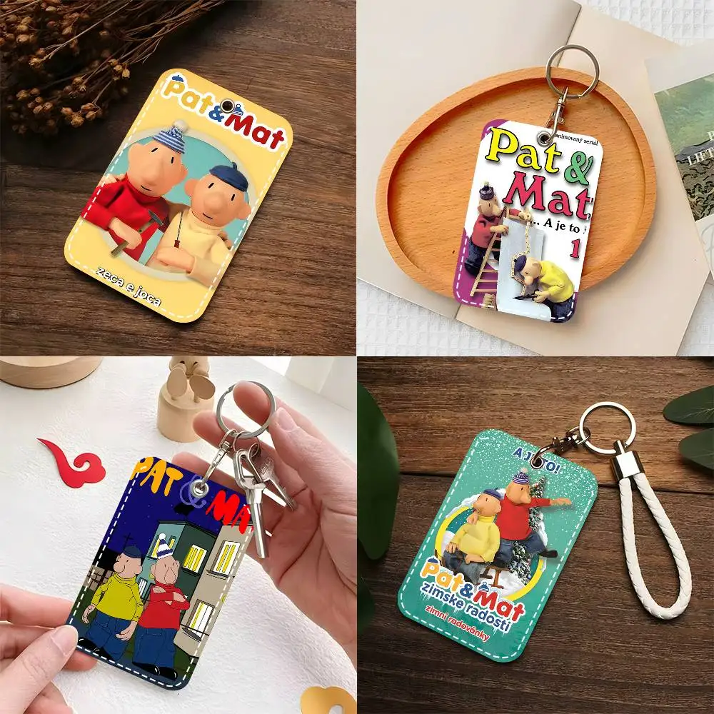 1pc Kwaii Cartoon P-Pat & M-Mat Anime Card Case Keychain Access Card Bag Key Tag Ring Leather Card Holder Key Ring Access