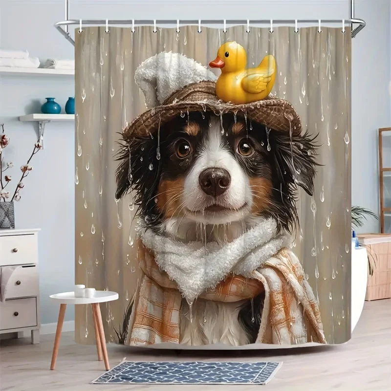 

Shower Curtain Dog Towel Straw Hat Yellow Duck Raindrop Background Print Polyester 70.8x70.8 Inch Machine Washable