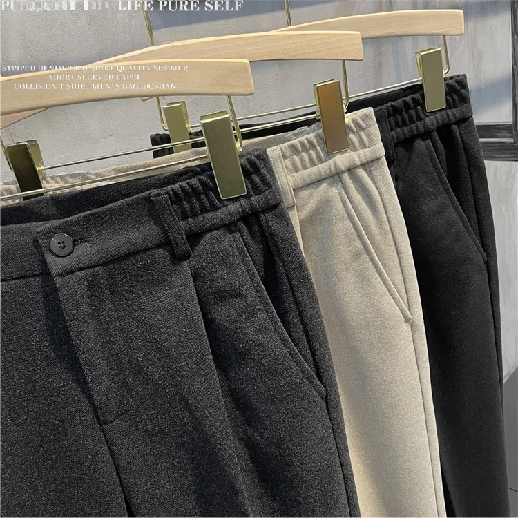 Winter New Arrival Woolen Slim-Fitting Small Straight Suit Pants Men Retro Casual Tapered Drape Woolen Ankle-Length Pants