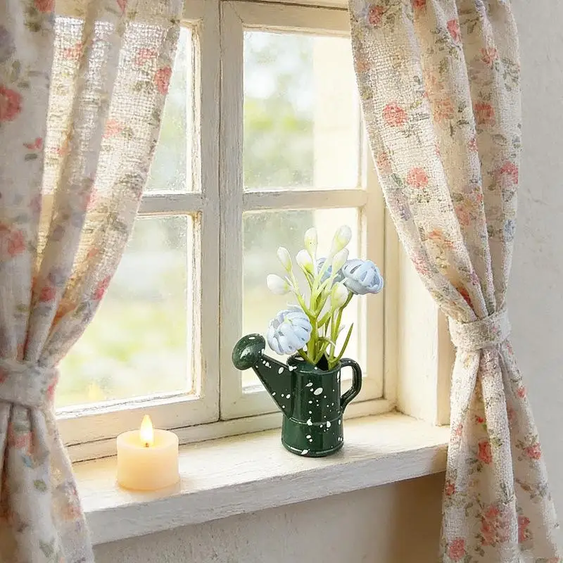 1Pcs 1:12 Retro Flower Arrangement Potted Plant Alloy Flower Vase Mini Green Pot Style Arrangement Home Decor DIY Accessories