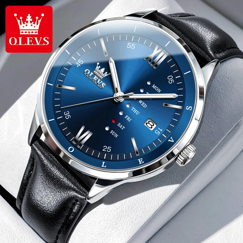 OLEVS 2931 New Quartz Dress Watch For Men Week Display Leather Hand Clock Waterproof Luminous Calendar Fashion Man Watches 2024