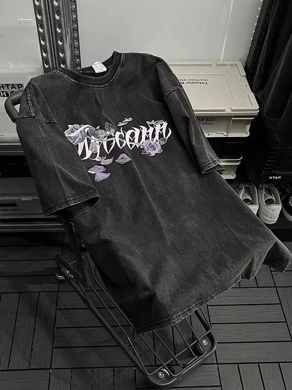 

k Sle ort Sve T-irt Rose Print round Ne Cotton Casual Top for Men And Women Summer Waed out Big Size Tee