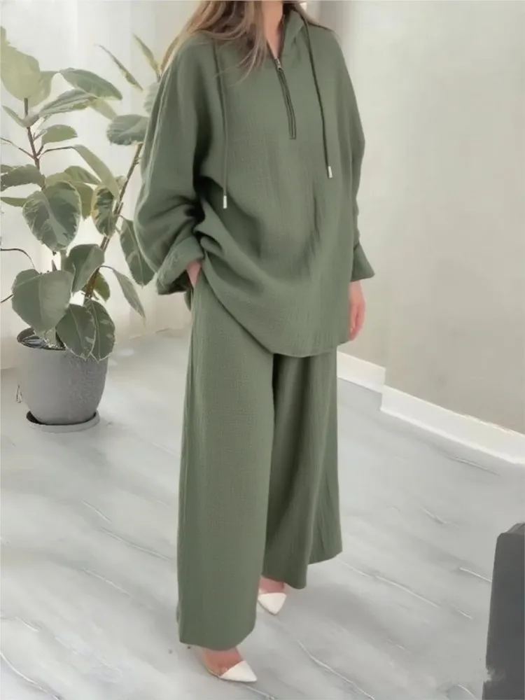 Mode Mit Kapuze Halb-reißverschluss Top Breite bein Hosen Set Lose Beiläufige 2-teiliges Set Neue Solide urlaub Party Frau 2 Stück Set Outfit