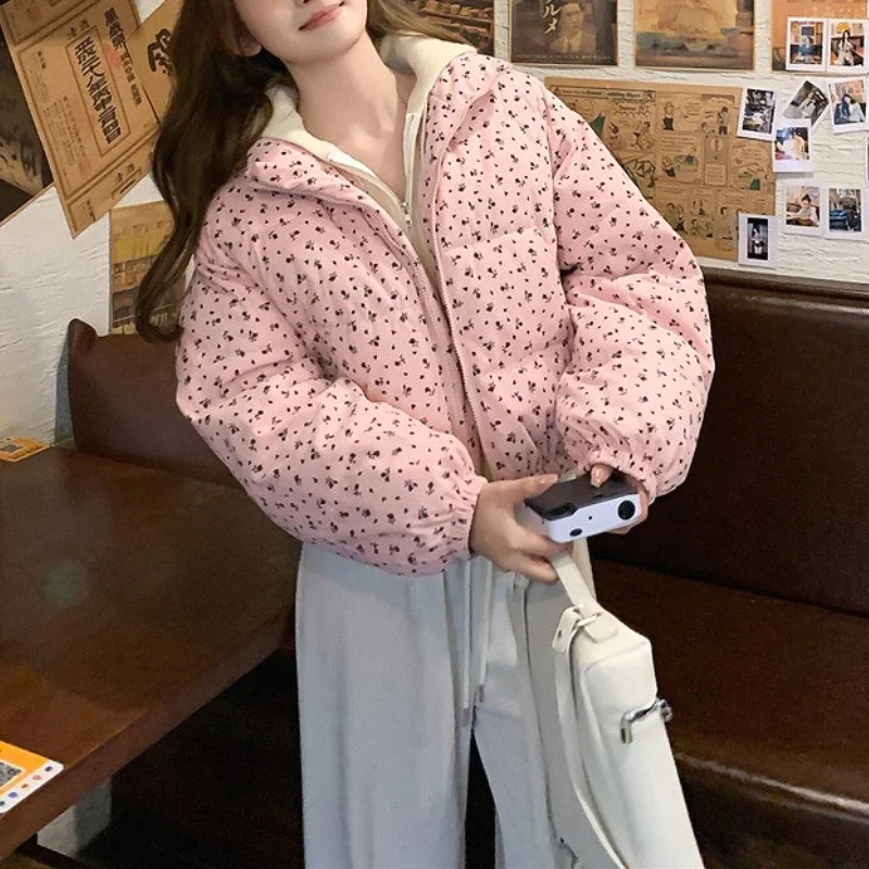 

Parkas Coats Women Short Jackets Ditsy Floral Zipper Pocket Stand Collar Long Sleeves Loose Thick Office Lady Casual 2025 Winter