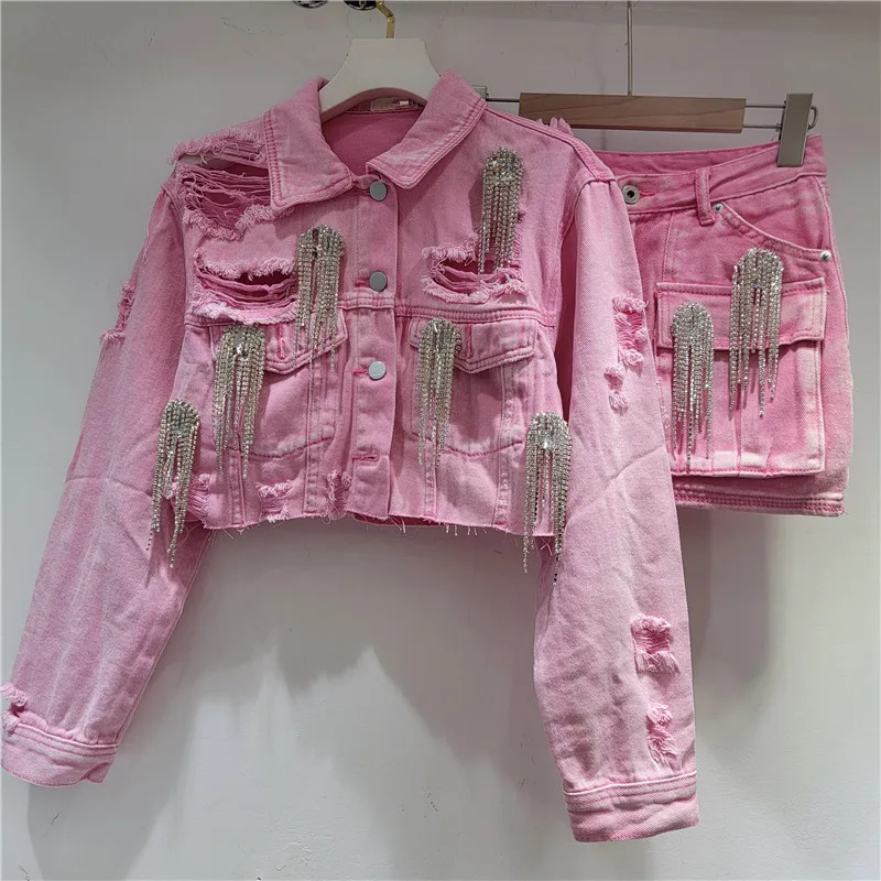 

Розовая юбка трапециевидной формы для тяжелой промышленности, комплект из двух предметов с рваными джинсами Design Sense, новый стиль, комплекты с короткой юбкой, покупайте отдельно