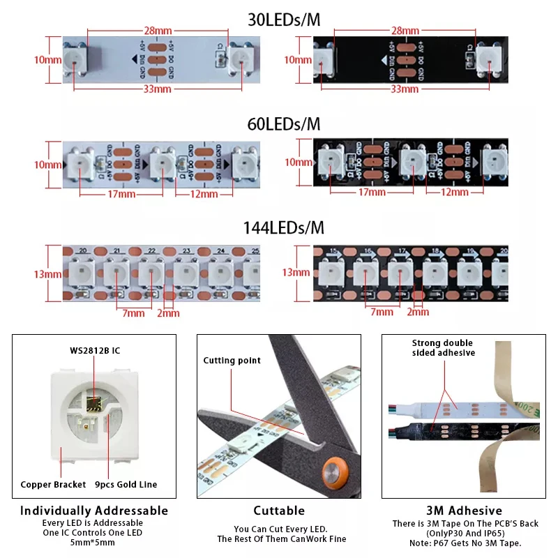 Imagem -03 - Impermeável Led Pixel Light Strip Ip65 Flexível Lâmpada Bar Endereçamento Independente Spi Full Color 5050 Rgb 50m 30 Leds 60 Leds Ws2812b 50m