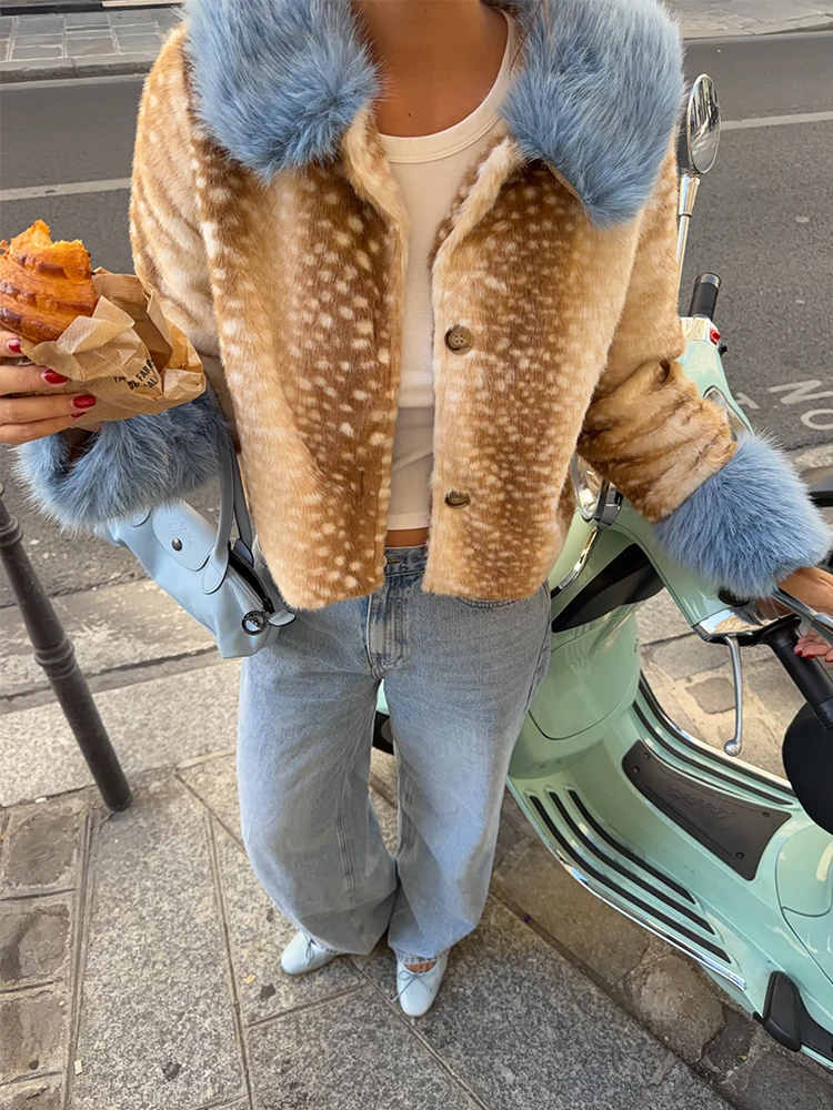 HH Fashion Women's Deer Print Faux Fur Coat Winter Blue Fuzzy Collar Cuffs Short Jacket 2026 Warm Soft Plush Outerwear