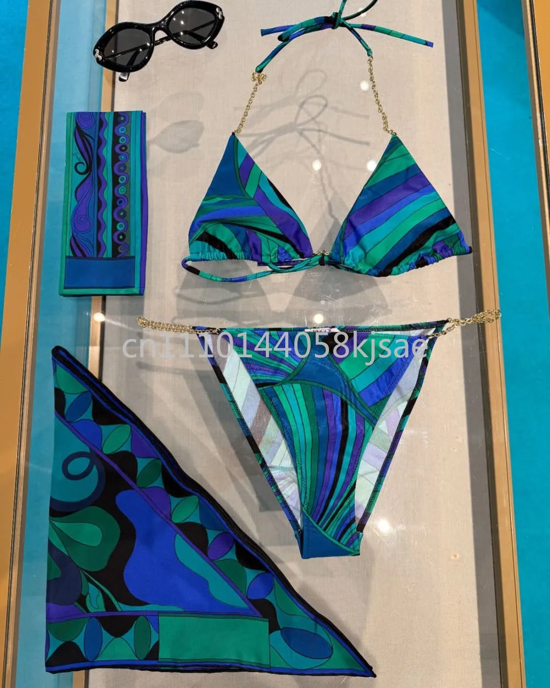 

Classic Design Women's Green Scarf Bikini Sets with Letter Signature Logo Designer Brand Lady Headband Swimsuits Beachwear