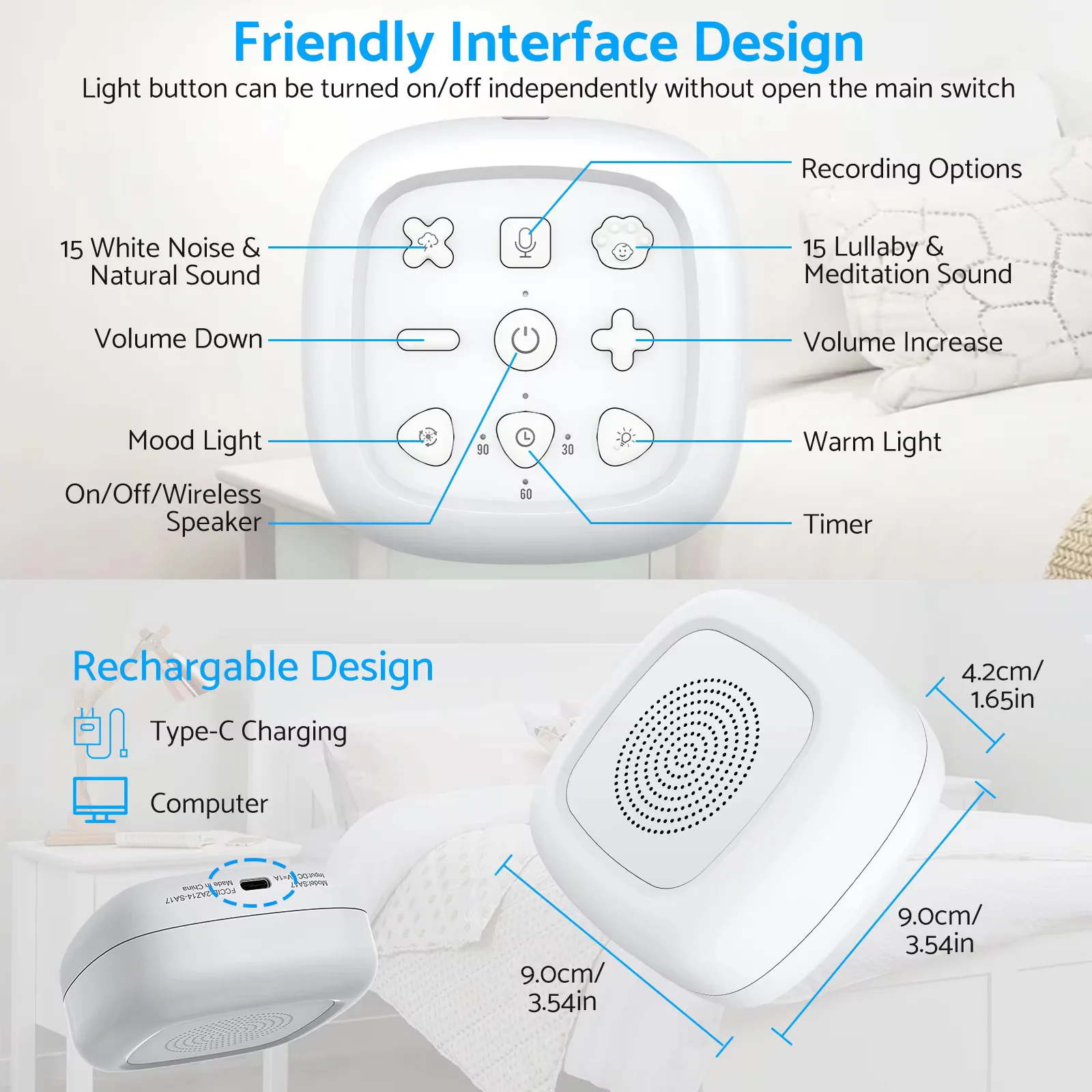 Portable White Noise Machine Baby with 30 Sleep Sounds 7 Colour Baby Night Light Volume Adjustment with Recording Function