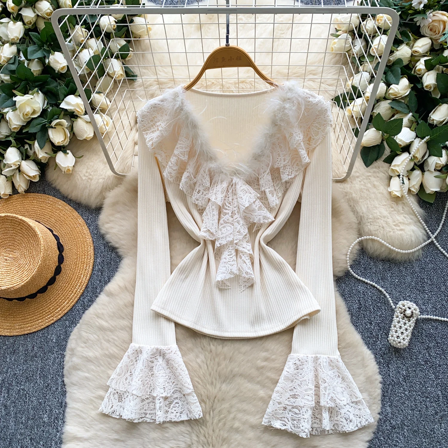 

vintage Long Sleeve T-shirt Knit Women lace korean fashion Shirt Female blouse Tops women clothing