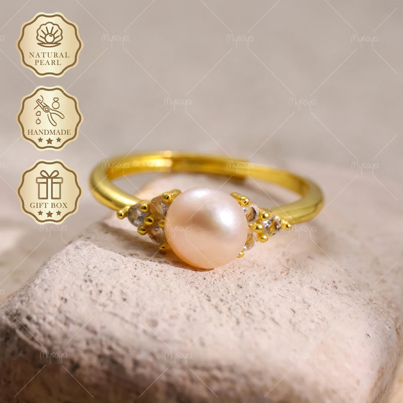 

MYSOYA 5-6mm Freshwater Pearl Open Ring Gold CZ Ring, Gift Box, Birthday & Mother's Day Jewelry S361