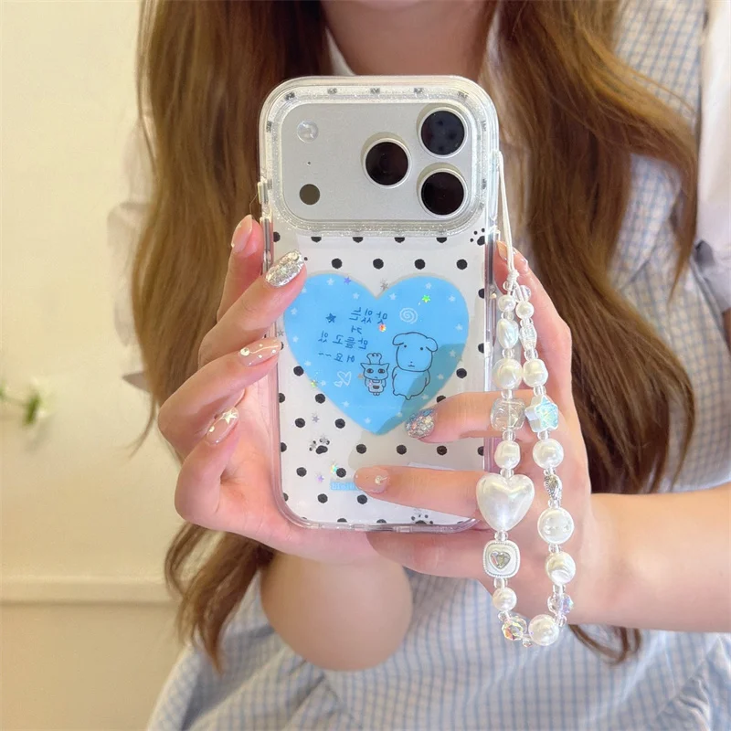 

Kawaii Cartoon Dog Cat Polka Dot Paw Print Clear Glitter Phone Case With Pearl For iPhone 14 15 16 17 Pro Max INS Cute Shockproo