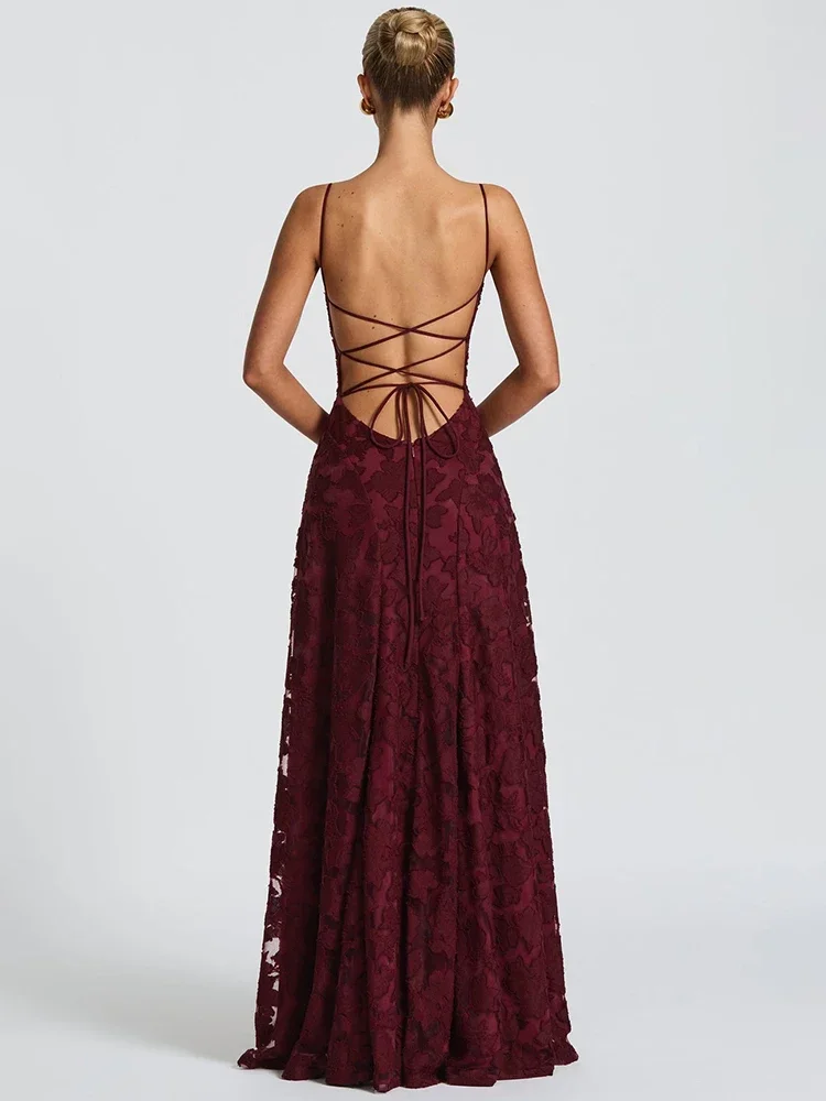 Chaxiaoa Spaghetti Strap Backless Sexy Maxi Dress Women Gown Fashion Off-shoulder Sleeveless Lace-up Evening Club Party Dress - Image 3