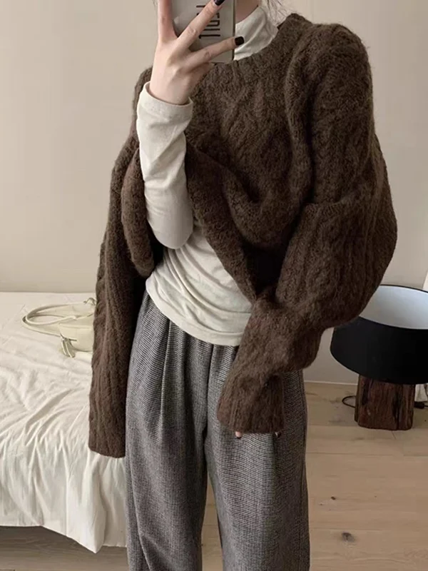 

Thiened вязаный свитер женский осенне-зимний свободный ленивый мягкий ор топ коричневый свитер с закрученной головой на плечах Fem Faion