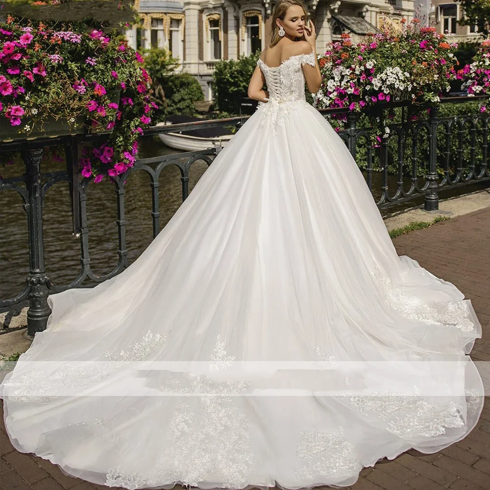Flavinke Angepasst Elegante Ballkleid Boot-ausschnitt Tüll Brautkleider Bodenlangen Spitze Appliques Brautkleider vestidos de novia