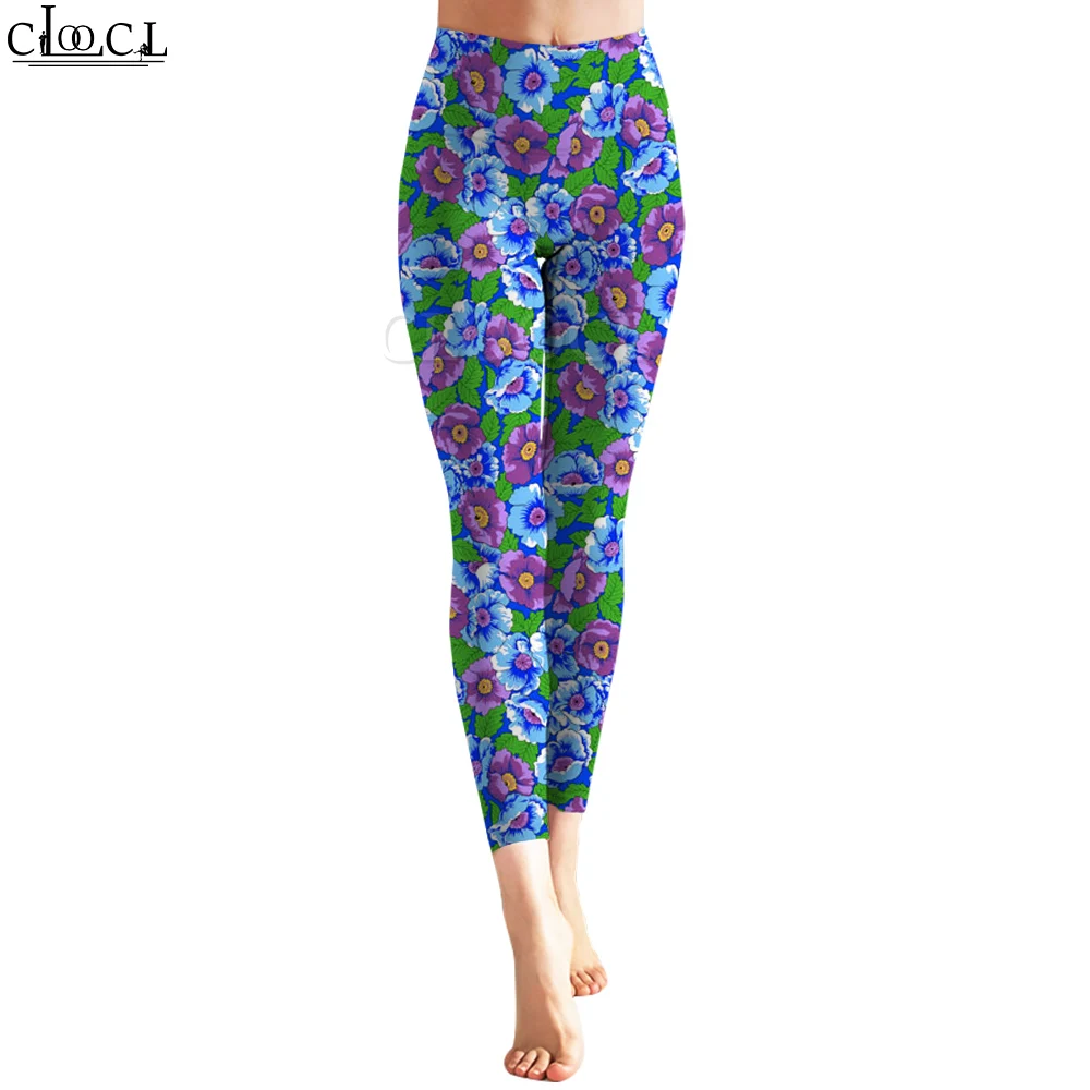 CLOOCL – Legging décontracté pour femmes, pantalon imprimé 3D, taille haute, extensible, sport, Fitness, exercice de mise en forme, motif Floral bleu