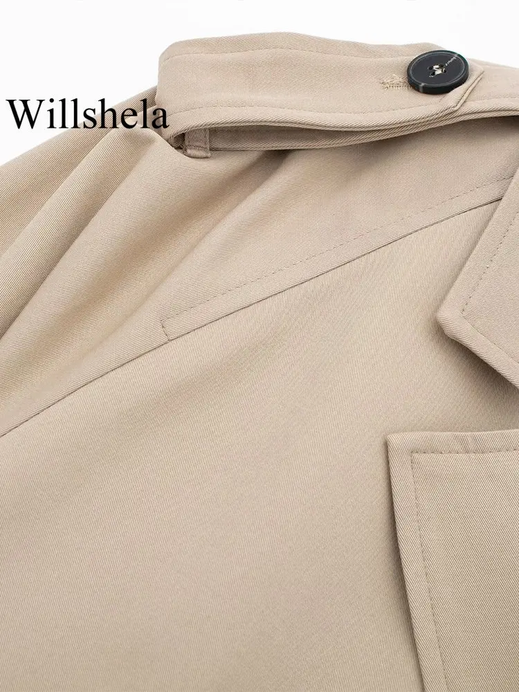 Willshela Women Fashion With Belt Cropped Trench Jacket Vintage Notched Neck Long Sleeve Female Chic Lady Coat Outfits