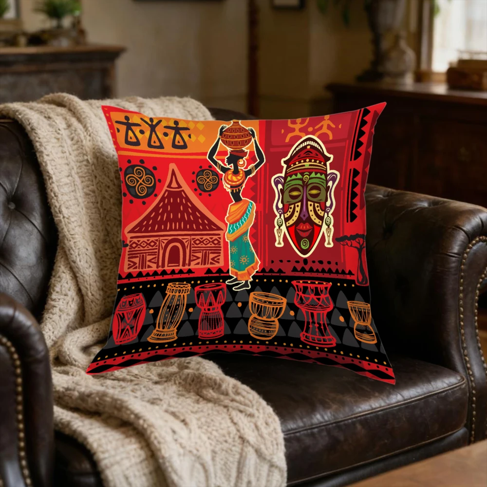 1Pc African Style Cushion Cover Red Black Tribal Drum Mask Print Pillowcase For Sofa Bed Home Decor Soft Breathable Square Case