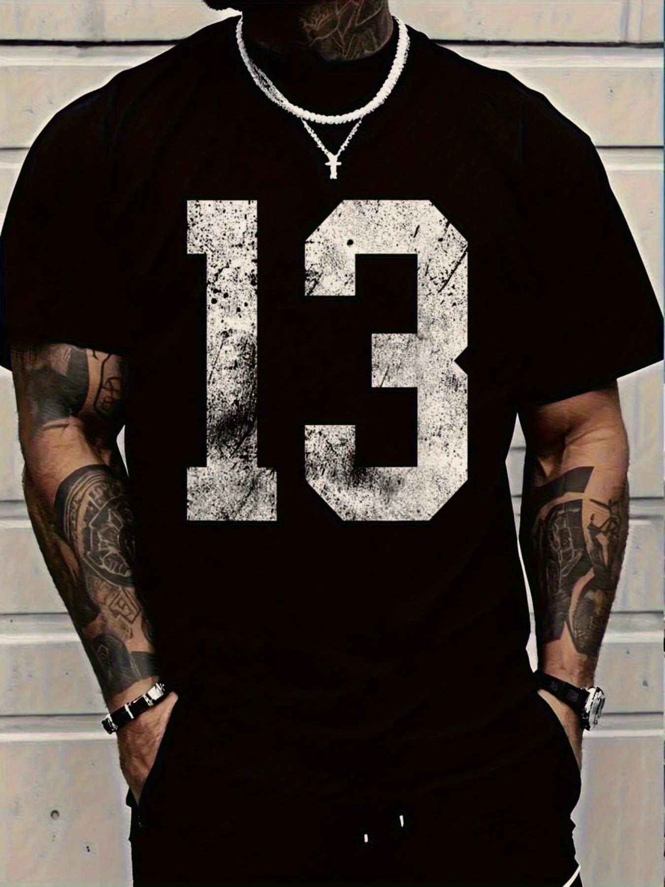 Men 100% Cotton Distressed Number 13 Print Short Sleeve Casual Street T-Shirt