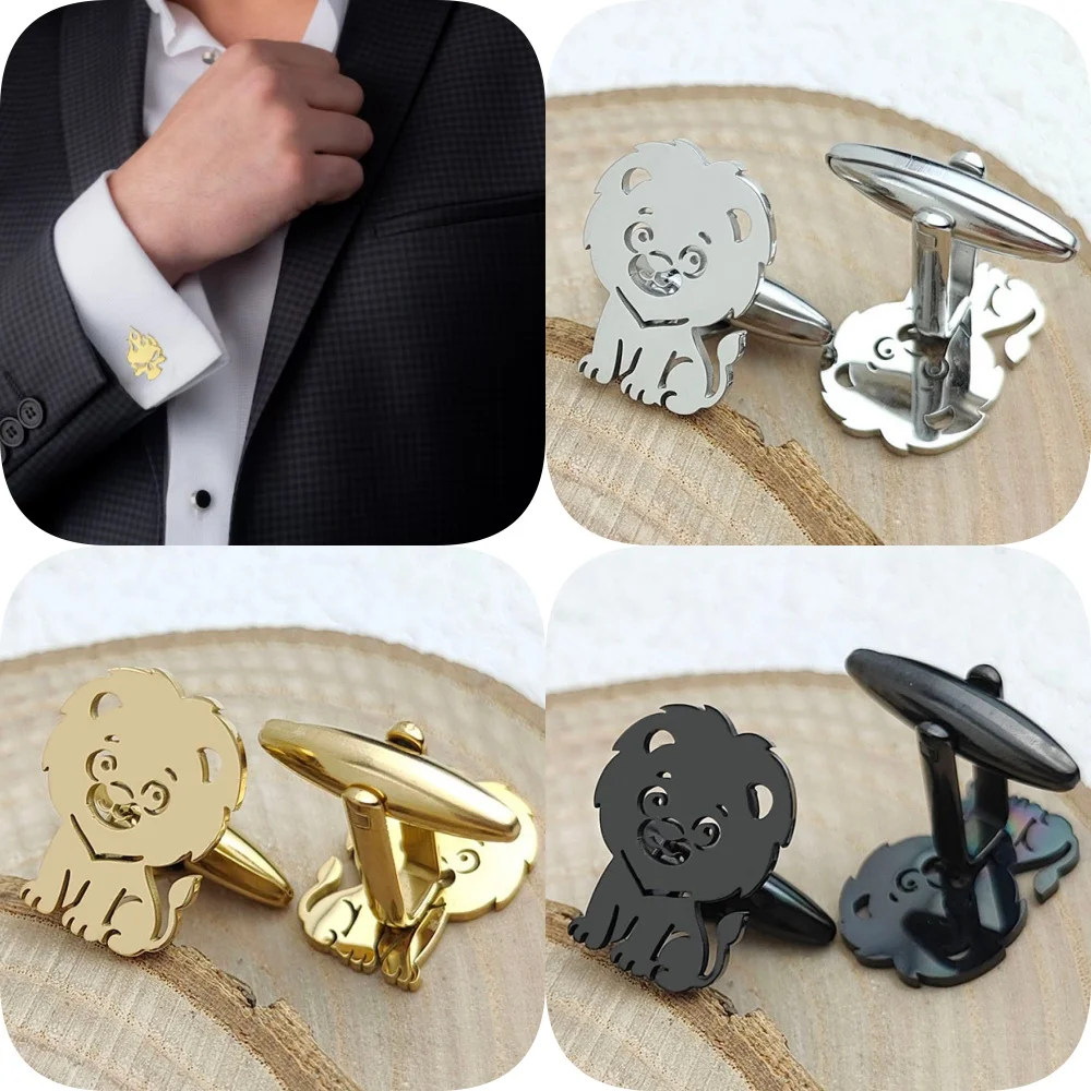 Gemelos originales de acero inoxidable chapado en oro con forma de león, resistentes al agua y que no se decoloran, botones de camisa francesa, regalo para novio