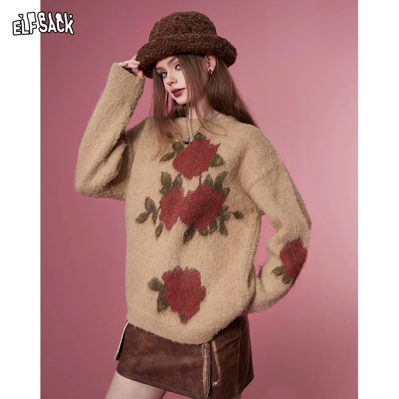 ELFSACK 2000s Retro Pullover Sweaters Women 2023 Winter Korean Fashion Luxury Designer Tops