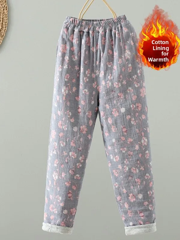 

Зимние новые ретро-брюки из хлопка с принтом, повседневные свободные брюки с эластичным поясом, прямые брюки для женщин больших размеров