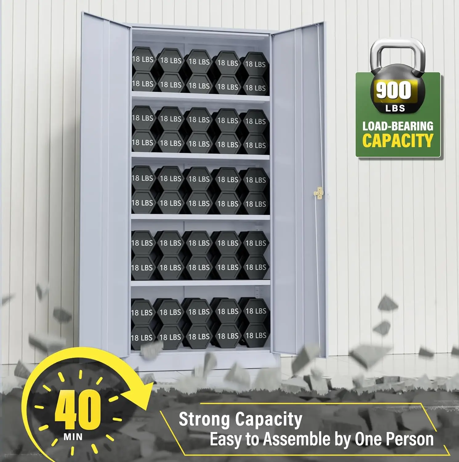 خزانة تخزين جراج معدنية مع أبواب وأرفف، خزانة تخزين جراج بقفل فولاذي بطول 72 بوصة، تخزين مكتبي معدني