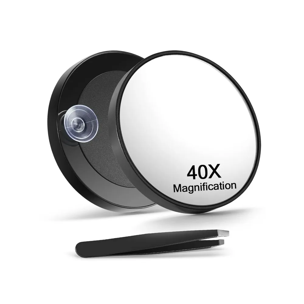 

40x magnifying glass with 2 suction cups, 3.5-inch magnifying makeup mirror and diagonal tweezers, black