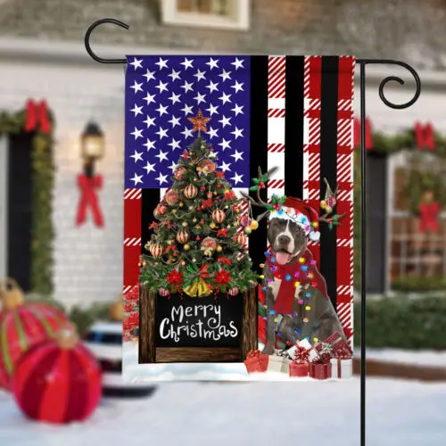 Pitbull Dog Merry Christmas Flag, Pitbull Dog Christmas Tree Xmas Lights Flag