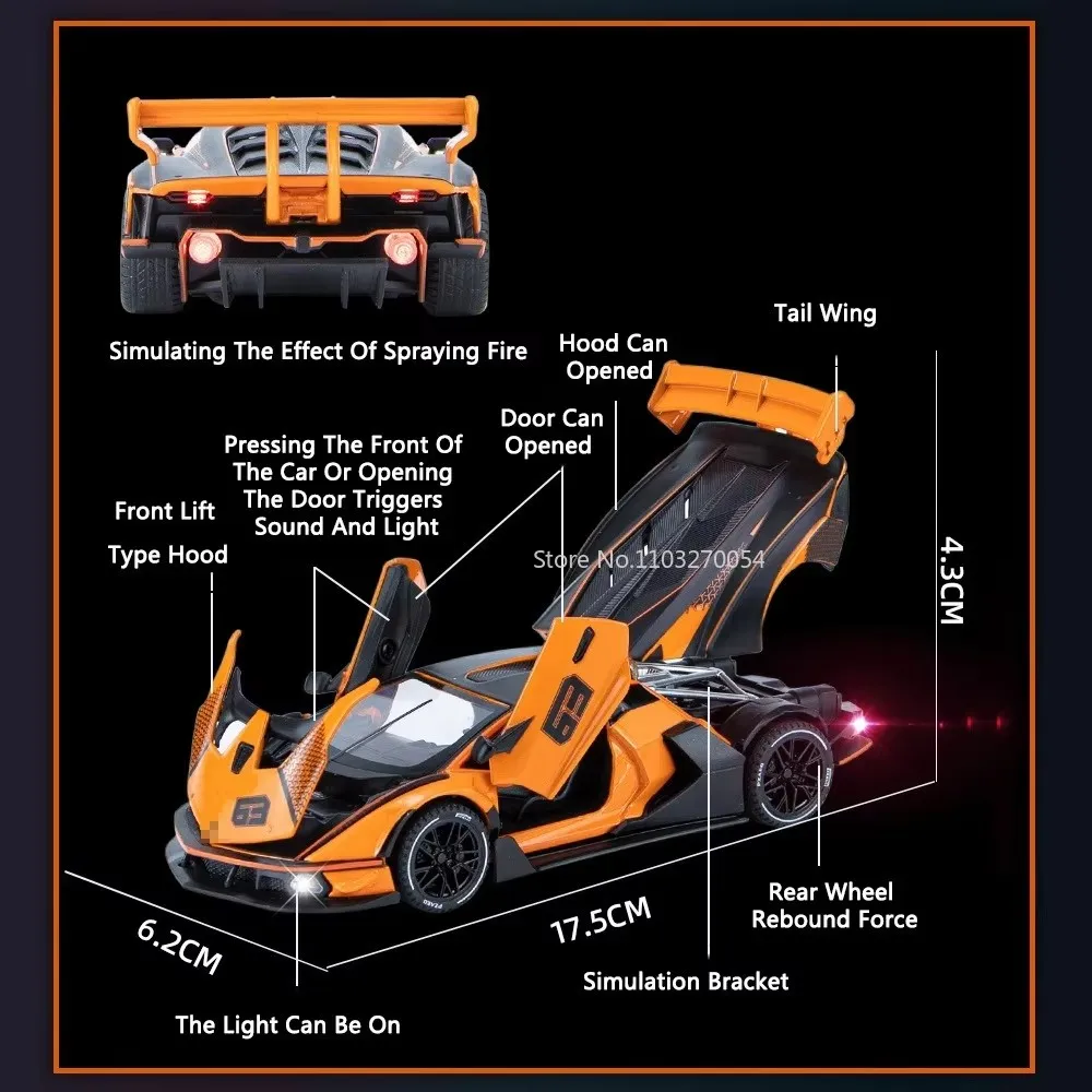 1/32 SIAN SCV12 juguetes modelo de coche aleación Diecast coches deportivos cuerpo de Metal neumáticos de goma puertas abiertas sonido luz tirar hacia atrás regalos para chico