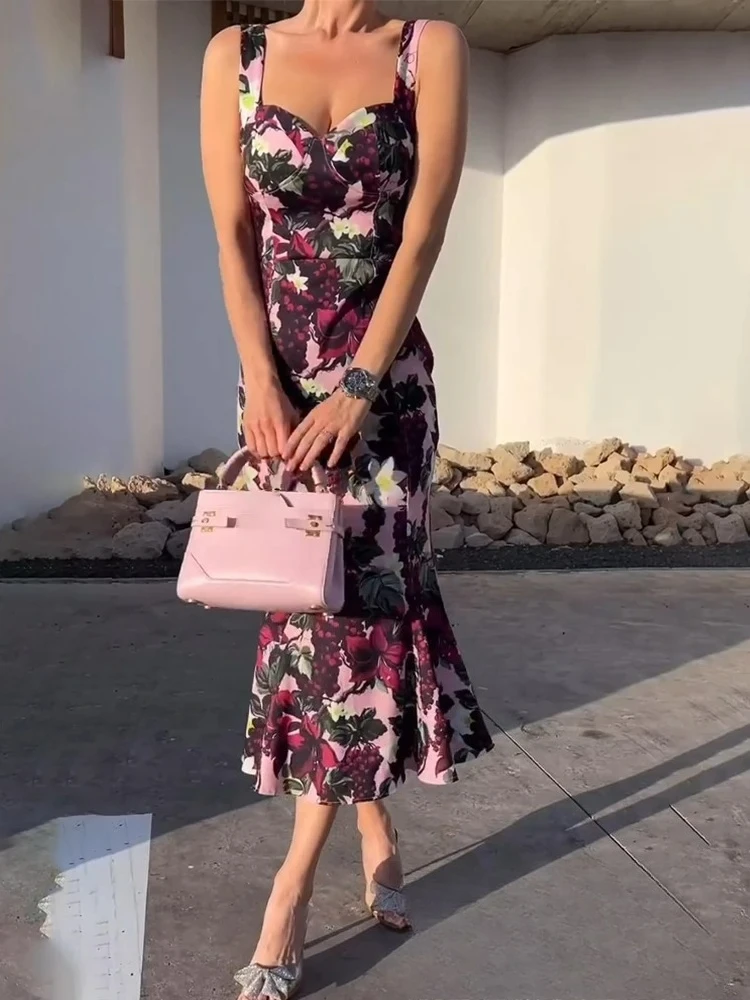 فستان كامي نسائي أنيق غير رسمي من KONDALA فستان بوق مموج مطبوع عليه فاكهة موضة جديدة 2025 فستان عطلة صيفية للربيع والشاطئ