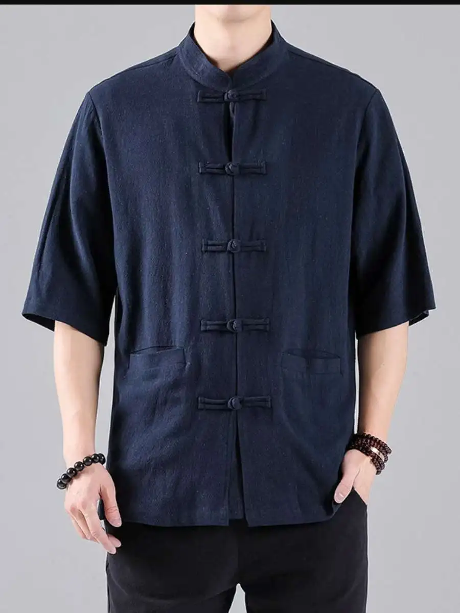 

Новая летняя мужская рубашка из хлопка и льна с коротким рукавом в стиле Тан, большие размеры, ретро-дизайн, повседневная одежда, удобная и дышащая.