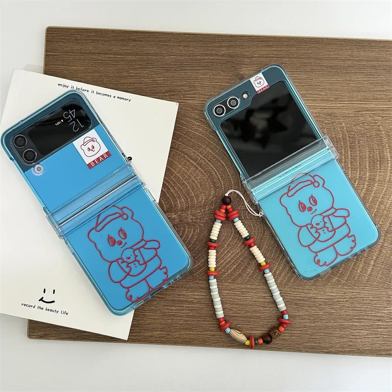 Line Bear Blue Phone Case for Samsung Galaxy Z Flip 6 5 4 3 Protective Back Cover for ZFlip4 ZFlip5 ZFlip6 Case