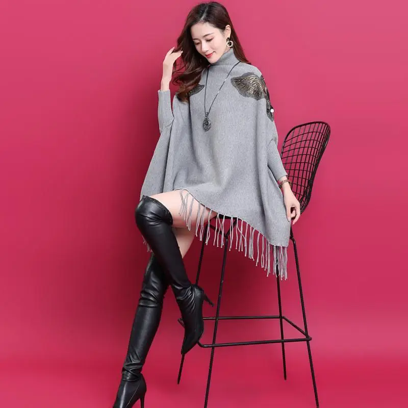 Winter Long Sleeve Poncho for Warm Scarf Knitting Turtleneck Thicken Pashmina Shawls and Wraps Tassel Wearable Poncho Capes T338