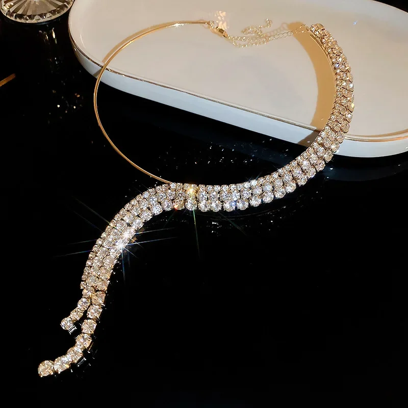 Asymmetric Diamond-encrusted Shiny Women's Necklace Multi-layered Tassel Exaggerated Punk Style Fashion Choker For Women Jewelry