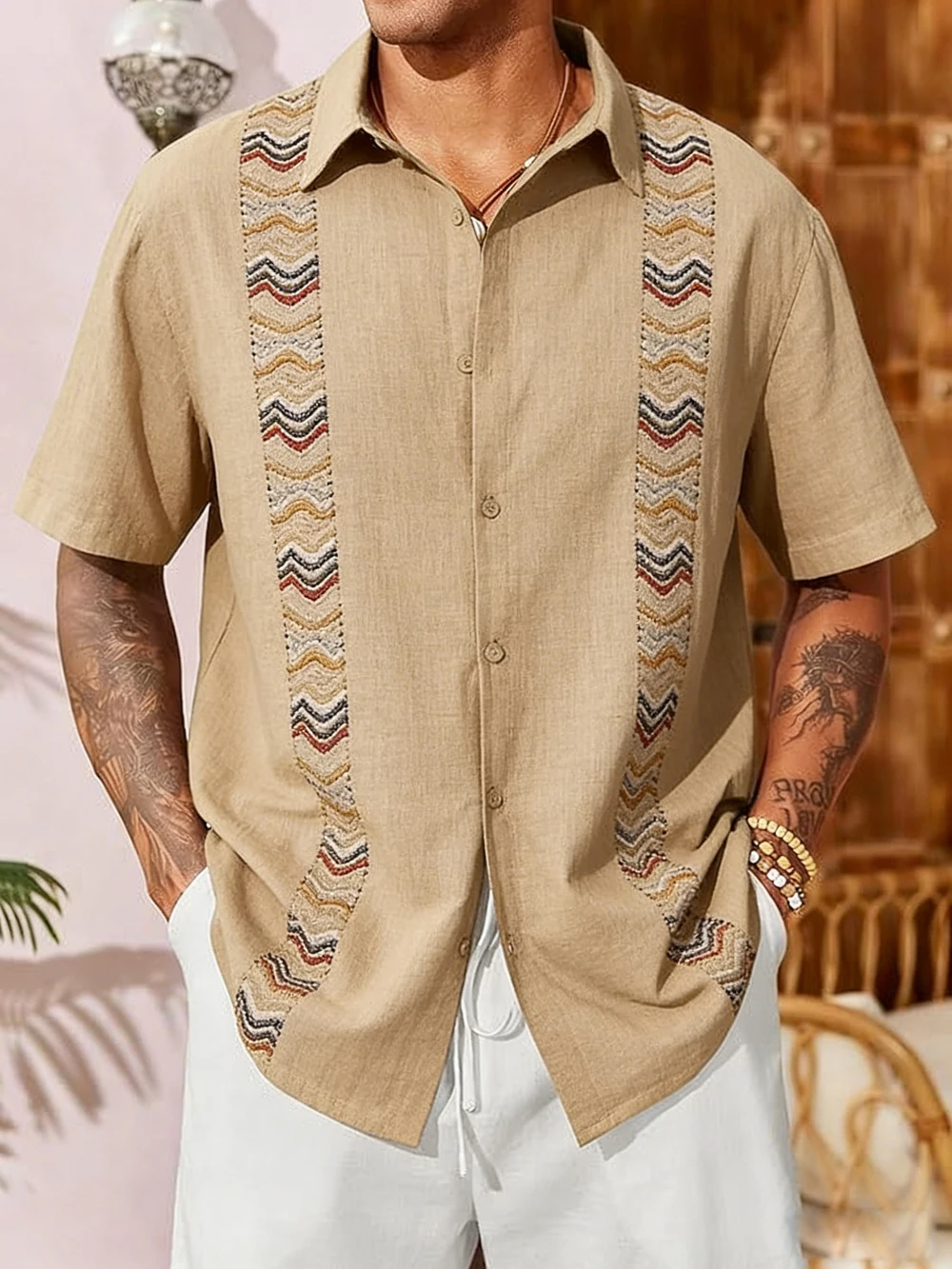 Men's Shirt Color Block Geometric Splicing Print Turn‑down Collar Short Sleeve Vacation Party Casual Button Down Men Clothes