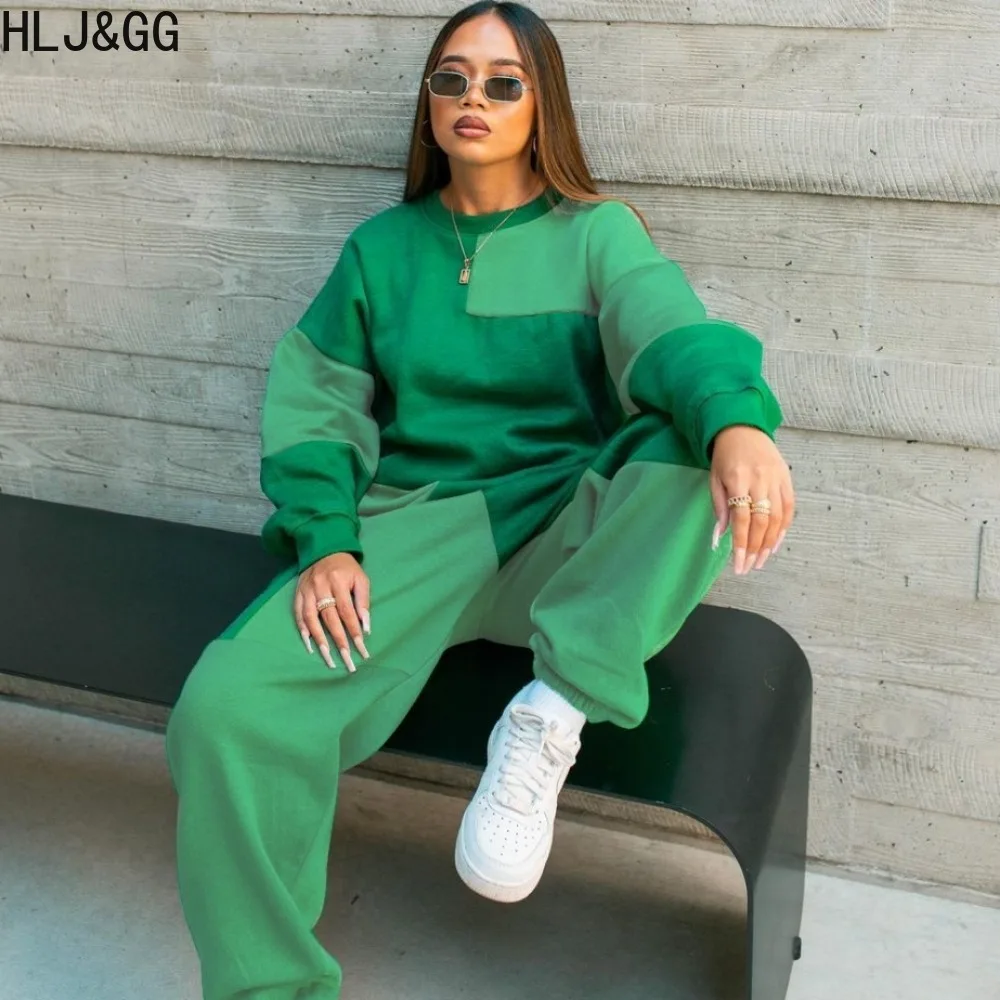 

HLJ&GG Casual Color Splicing Loose Sporty Two Piece Sets Women Round Neck Long Sleeve Pullover And Jogger Pants Outfits 2024 New