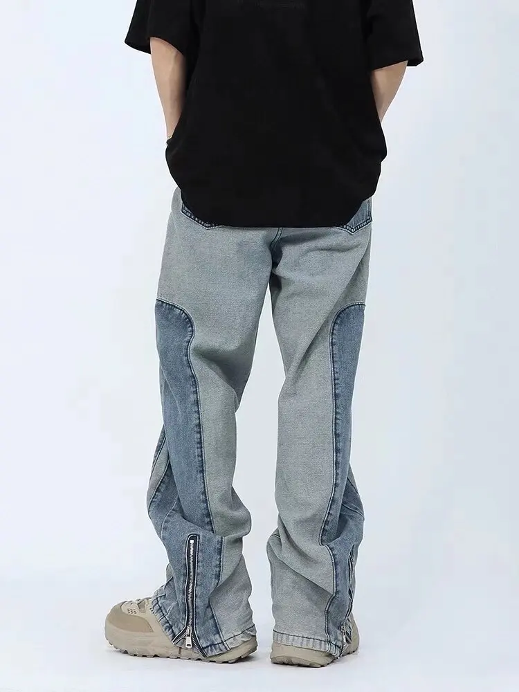 2024 Kanye Y2K Streetwear Washed Blue Baggy Stacked Jeans Pants For Men Clothing Ankle Zipper Straight Vintage Denim Trousers