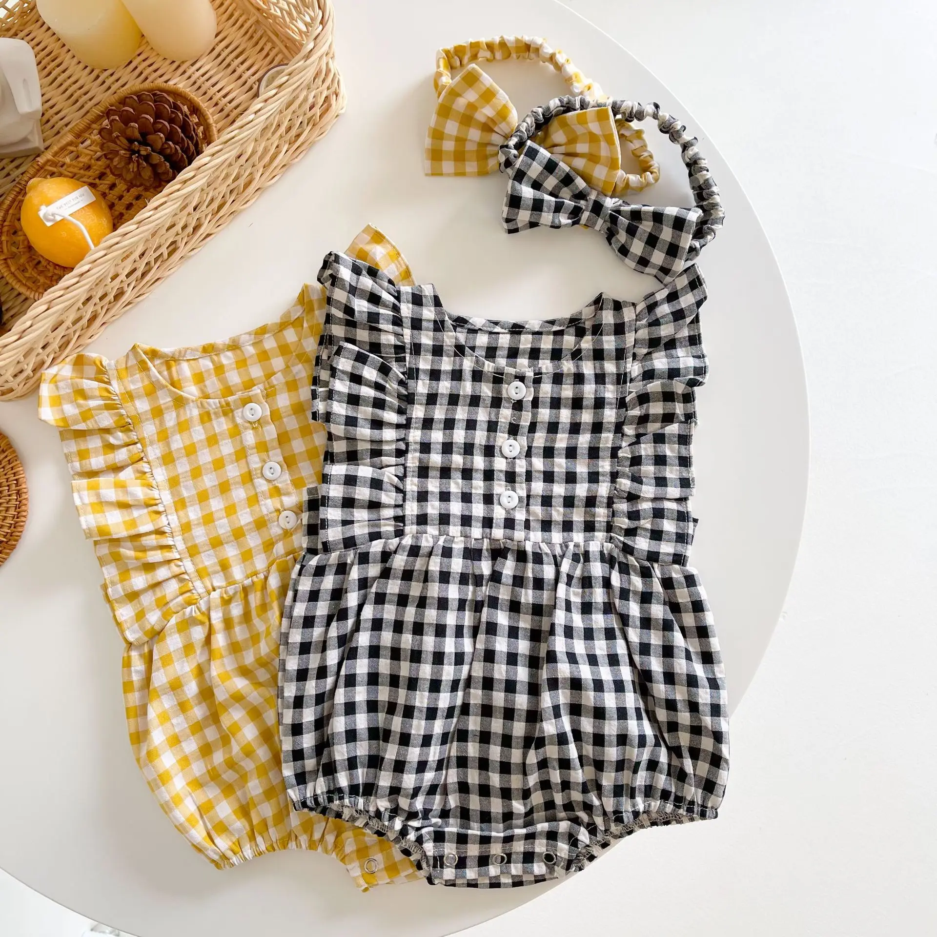2026 Summer Full Cotton Sleeveless for Infants and Young Children Grid Fashion Girls' Baby Rompers