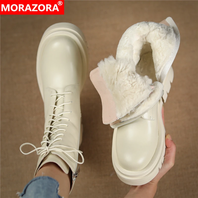 

MORAZORA 2024 Big Size 34-42 Genuine Leather Snow Boots Winter Ankle Boots Fashion Lace Up Nature Wool Keep Warm Women Boots