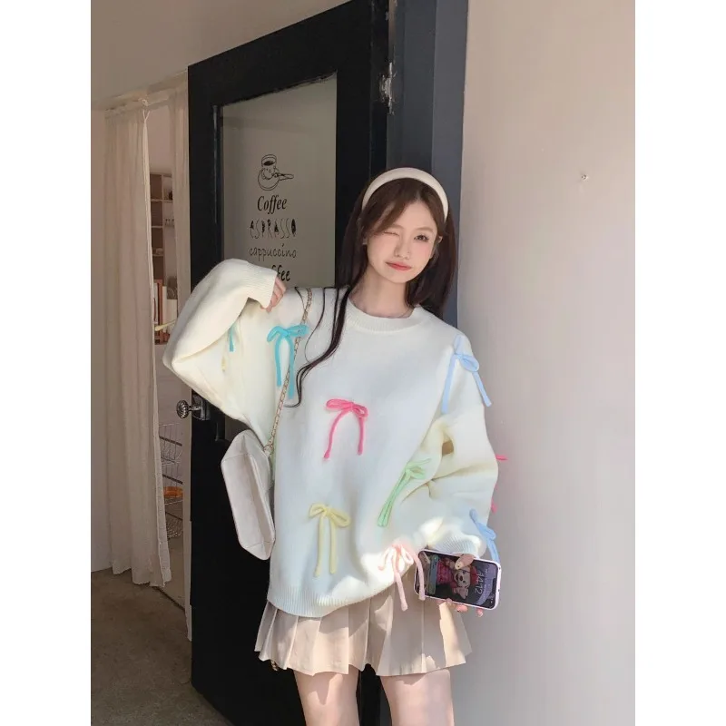 Pull rose avec nœud au dos, nouveau Style, automne et hiver, tricoté au dos, style coréen, à la mode et doux, haut de Style français