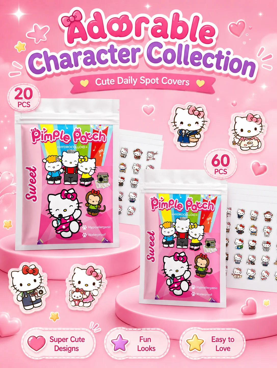 Sanrio Acne Pimple Patches, Hydrocolloid Spot Cover Stickers, Cute Face Care Patches for Daily Use
