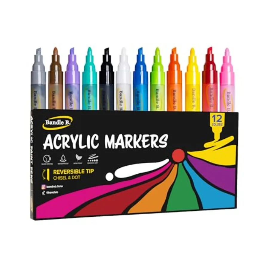 

Acrylic Paint Markers Set of 12 Paint Pens for Art, Fabric, Coloring, and Journaling Quick-Drying, Waterproof, Non-Toxic, Rever